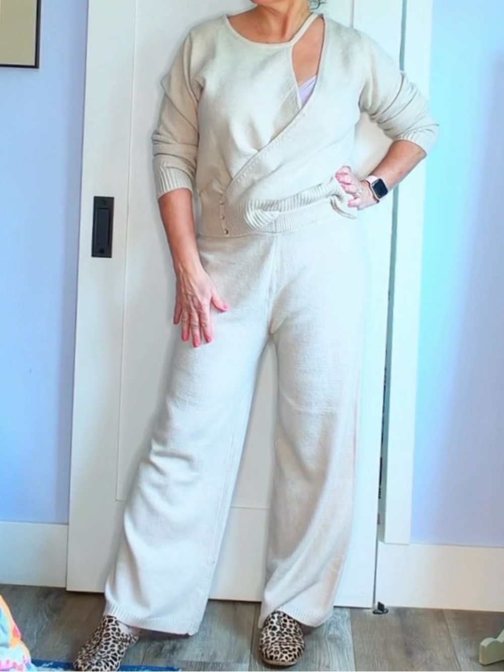 Cupshe Cream Knit Wrap-Front Wide-Leg Lounge sweater and pant set